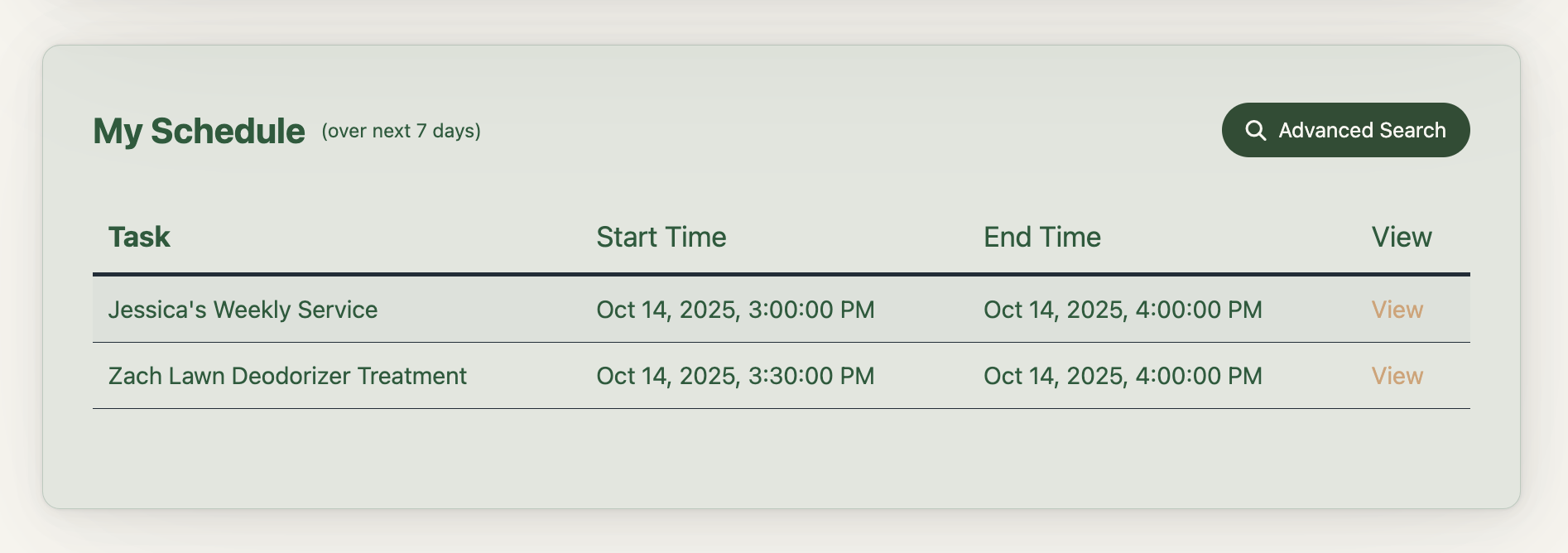 Pooper Scoop HQ dispatch board and scheduling screen